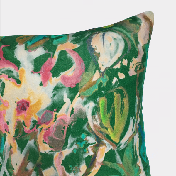 Watercolour Floral Velvet Cushion - Emerald